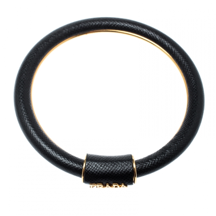 Pre Owned Prada Black Saffiano Leather Cuff Bracelet