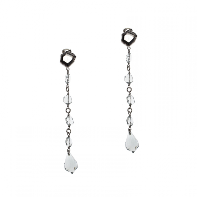 Pre Owned Prada Clear Bead Crystal Clip-on Long Drop Earrings
