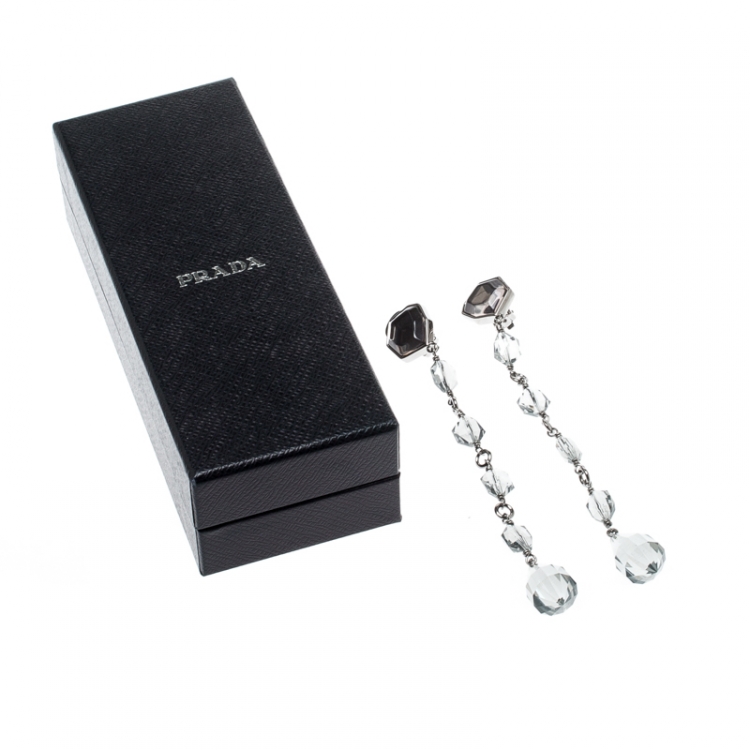 Pre Owned Prada Clear Bead Crystal Clip-on Long Drop Earrings