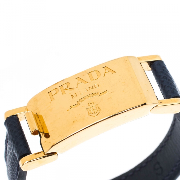 Pre Owned Prada Navy Blue Leather Gold Tone Bracelet
