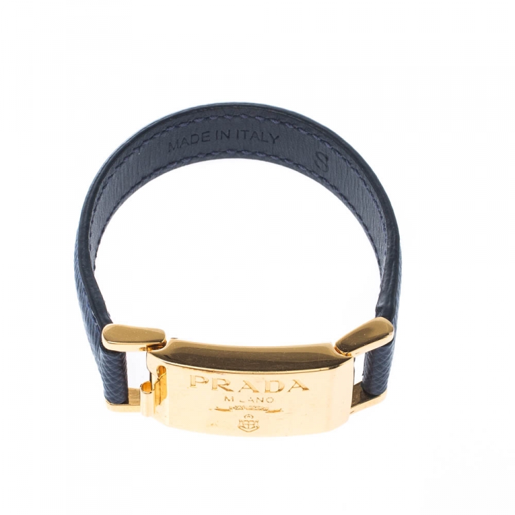 Pre Owned Prada Navy Blue Leather Gold Tone Bracelet