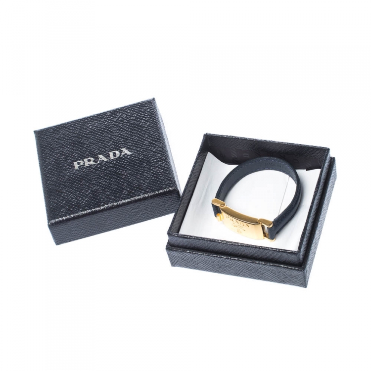 Pre Owned Prada Navy Blue Leather Gold Tone Bracelet