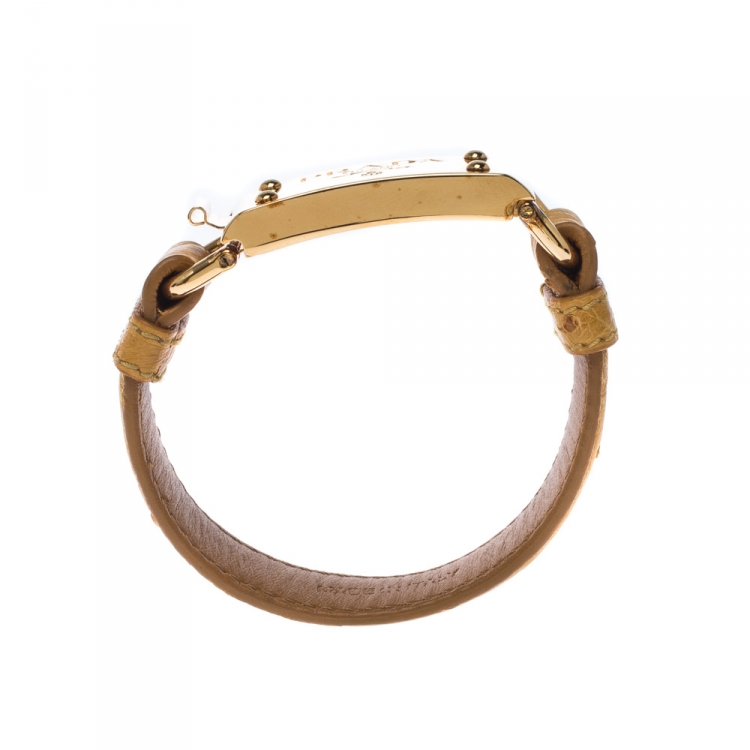 Pre Owned Prada Yellow Ostrich Leather Gold Tone Bracelet 17 cm
