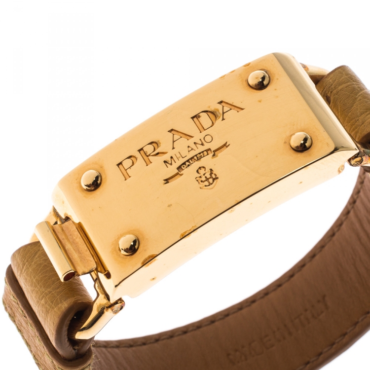 Pre Owned Prada Yellow Ostrich Leather Gold Tone Bracelet 17 cm