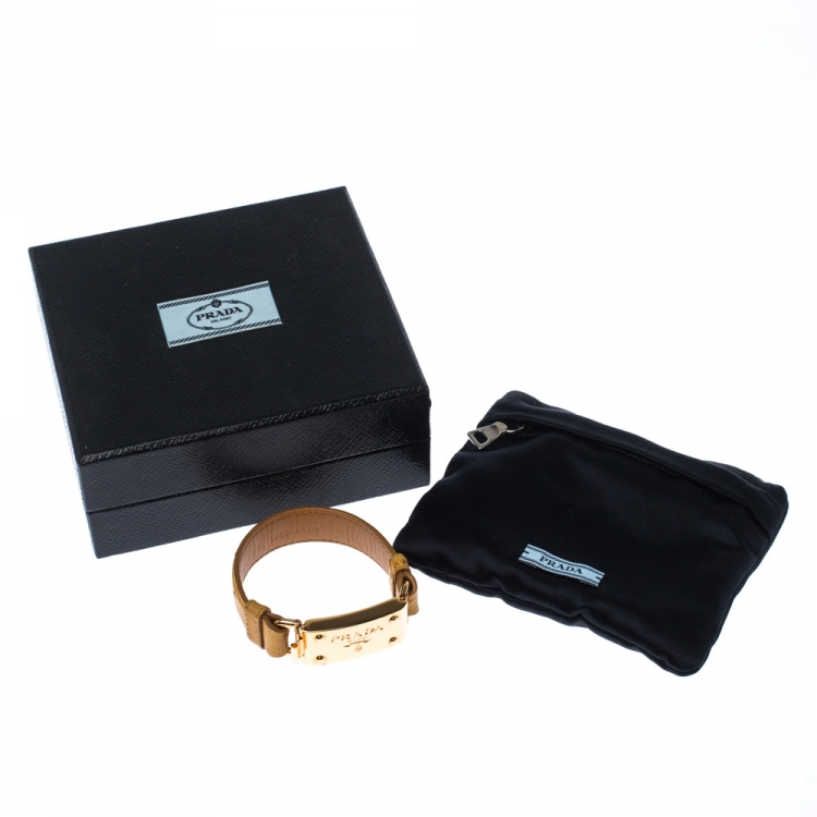 Pre Owned Prada Yellow Ostrich Leather Gold Tone Bracelet 17 cm
