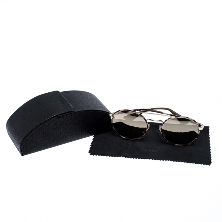 Pre Owned Prada Havana/ Pale Gold Mirrored SPR51S Round Sunglasses