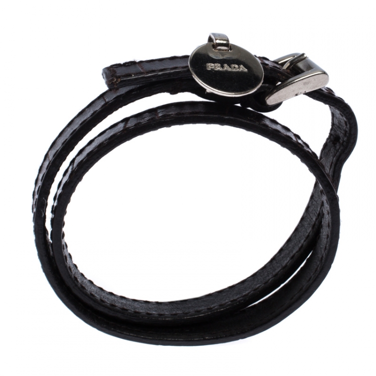 Pre Owned Prada Brown Leather Silver Tone Double Wrap Bracelet