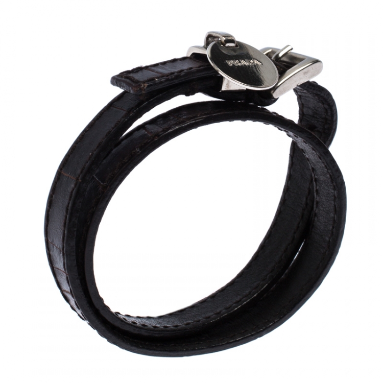 Pre Owned Prada Brown Leather Silver Tone Double Wrap Bracelet