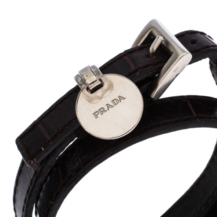 Pre Owned Prada Brown Leather Silver Tone Double Wrap Bracelet