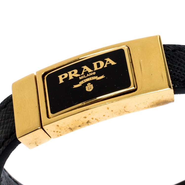Pre Owned Prada Black Saffiano Leather Signature Logo Cuff Bracelet M