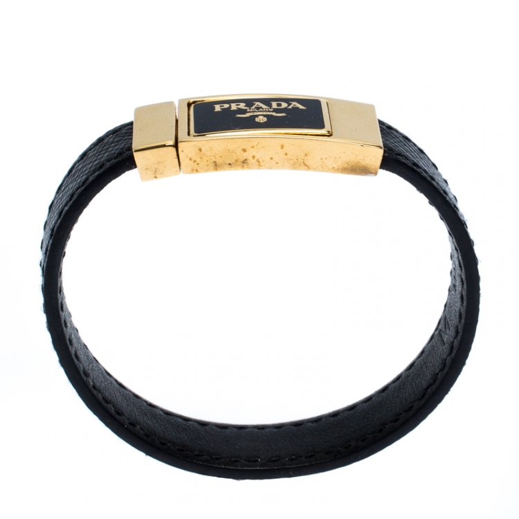Pre Owned Prada Black Saffiano Leather Signature Logo Cuff Bracelet M
