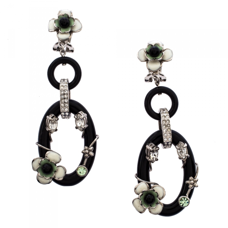 Pre Owned Prada Flower Power Black Plexiglass Crystal Floral Bedecked Link Long Earrings