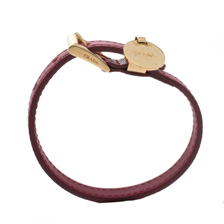 Pre Owned Prada Pink Saffiano Leather Gold Tone Logo Charm Bracelet 