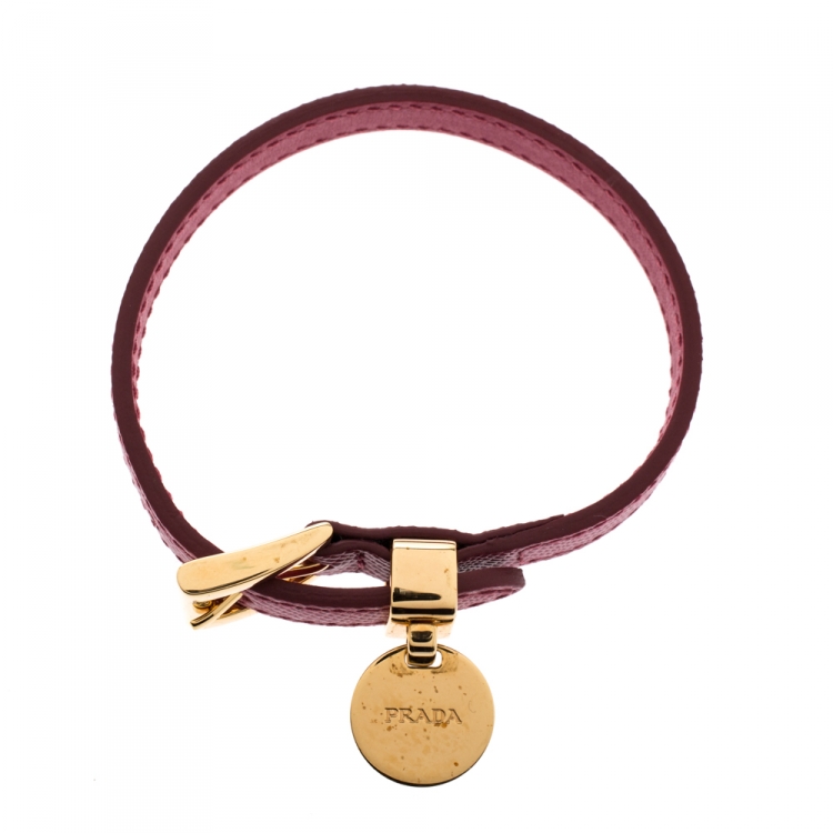Pre Owned Prada Pink Saffiano Leather Gold Tone Logo Charm Bracelet 