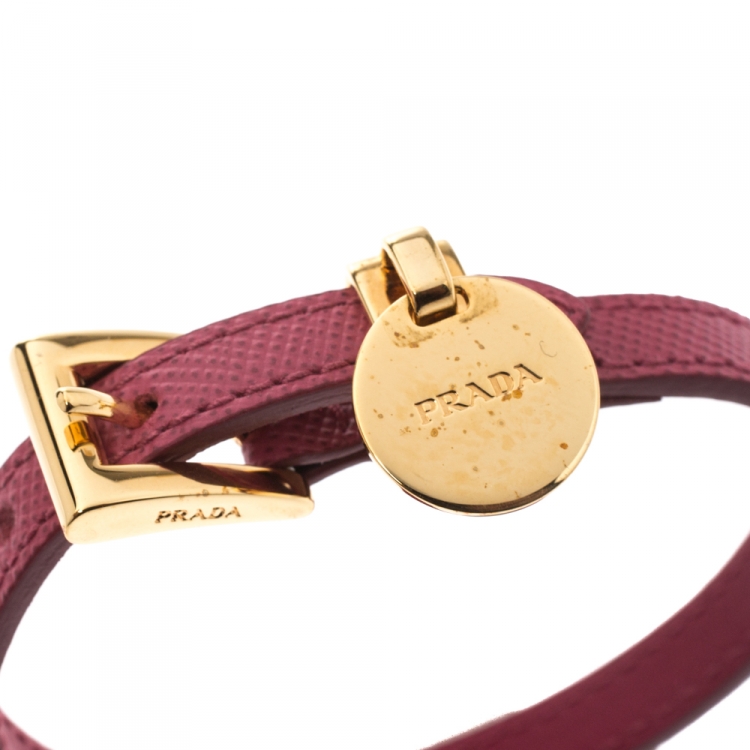 Pre Owned Prada Pink Saffiano Leather Gold Tone Logo Charm Bracelet 