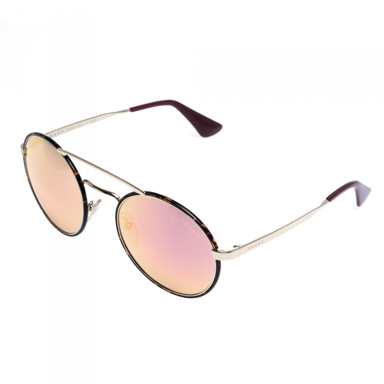 Pre Owned Prada Dark Havana Brown/ Pink Mirrored SPR 51S Round Sunglasses