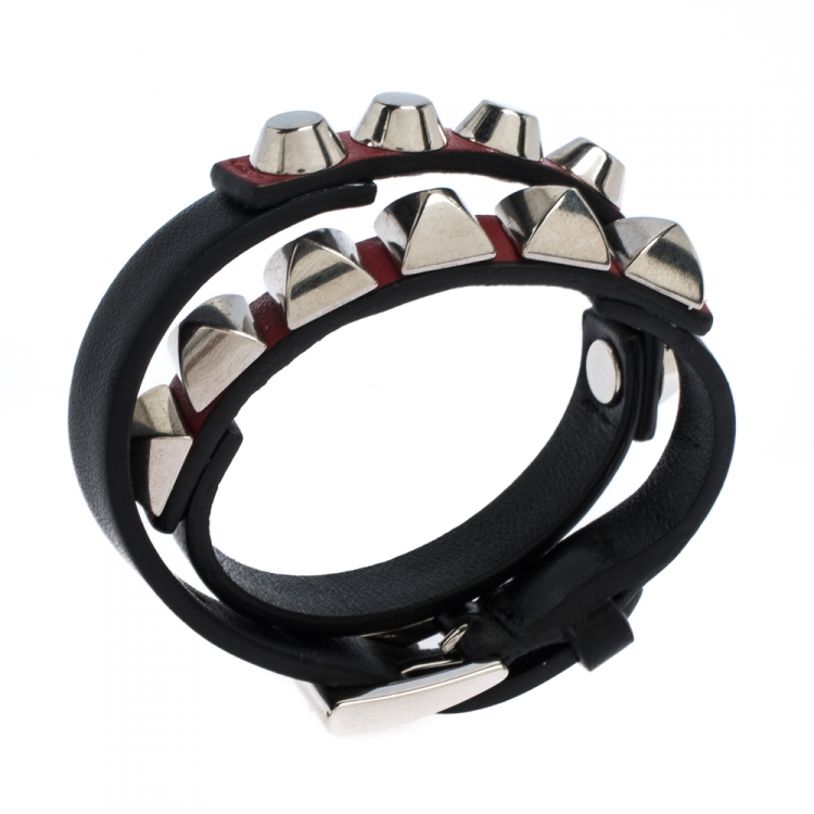 Pre Owned Prada Black Leather Studded Silver Tone Double Wrap Bracelet S