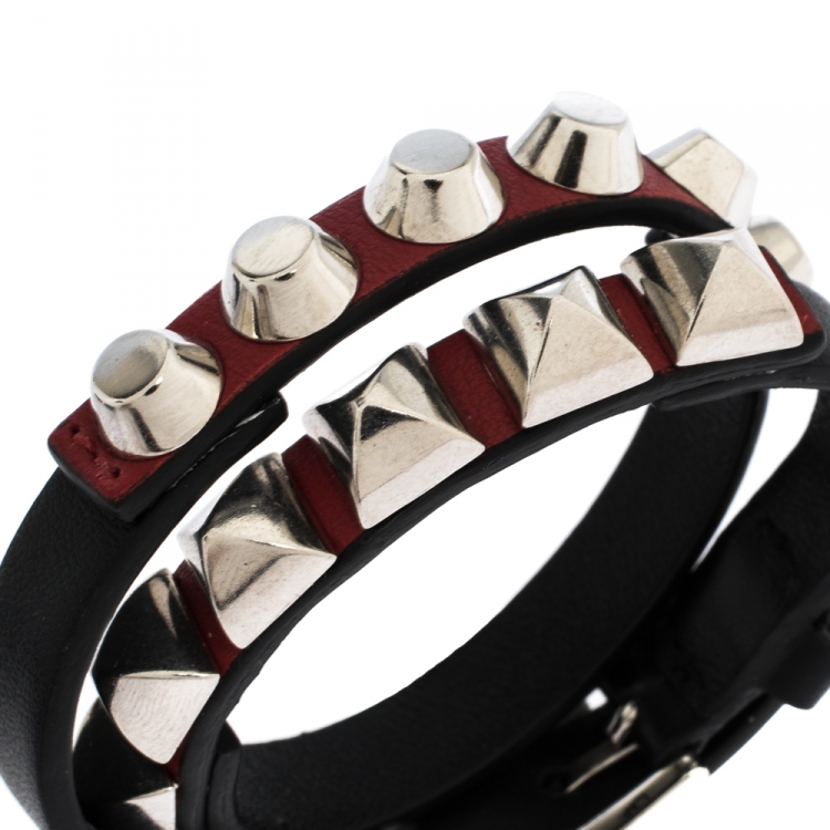 Pre Owned Prada Black Leather Studded Silver Tone Double Wrap Bracelet S