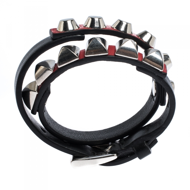 Pre Owned Prada Black Leather Studded Silver Tone Double Wrap Bracelet S