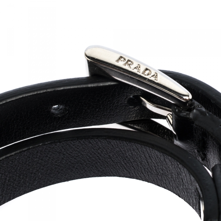 Pre Owned Prada Black Leather Studded Silver Tone Double Wrap Bracelet S