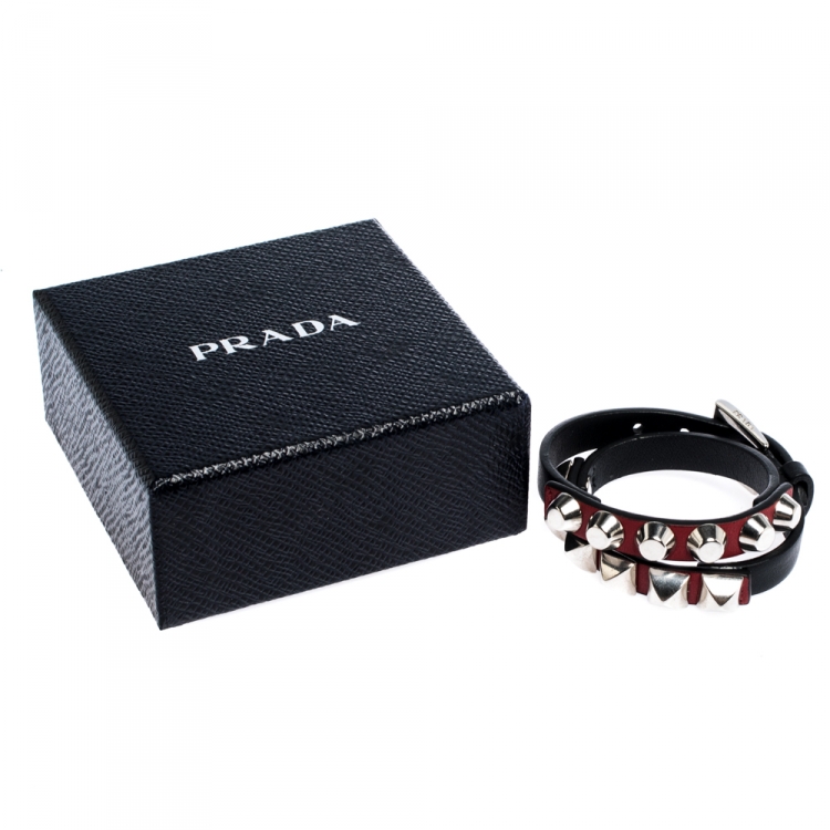 Pre Owned Prada Black Leather Studded Silver Tone Double Wrap Bracelet S