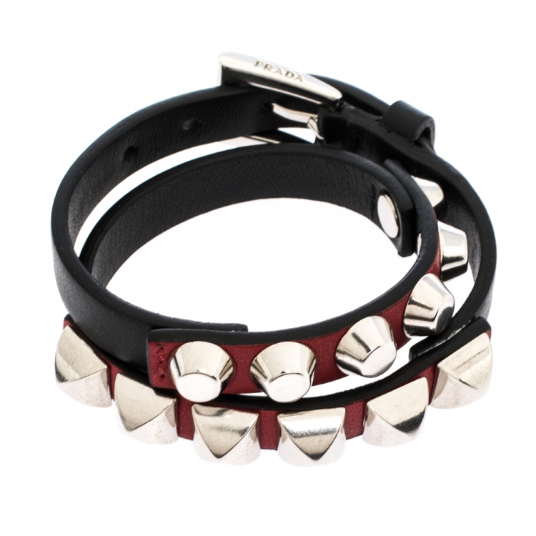 Pre Owned Prada Black Leather Studded Silver Tone Double Wrap Bracelet S