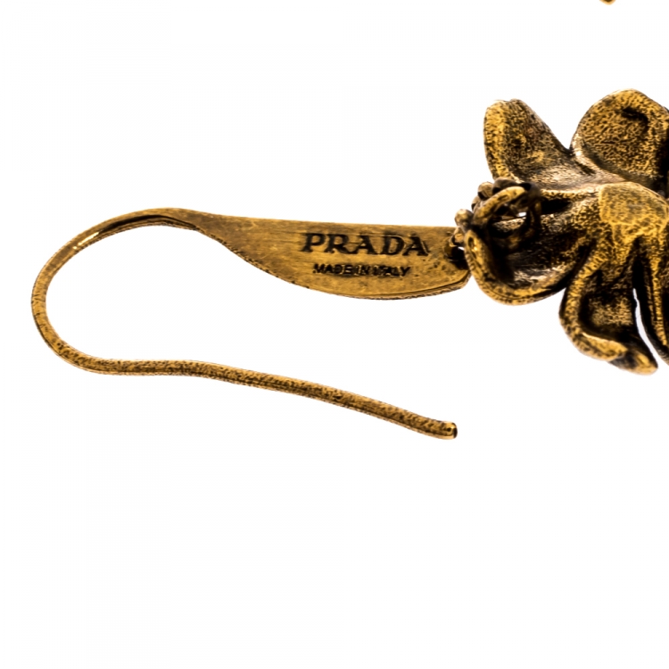 Pre Owned Prada Rose Quartz Gold Tone Koala Talisman Drop Earrings