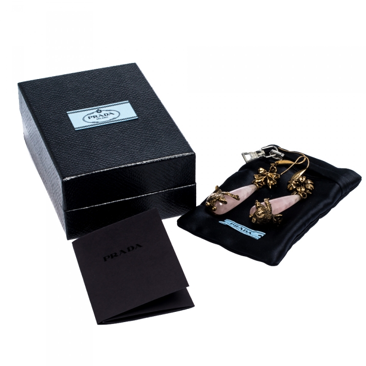 Pre Owned Prada Rose Quartz Gold Tone Koala Talisman Drop Earrings