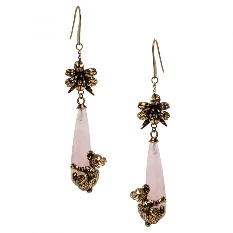 Pre Owned Prada Rose Quartz Gold Tone Koala Talisman Drop Earrings