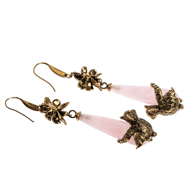 Pre Owned Prada Rose Quartz Gold Tone Koala Talisman Drop Earrings