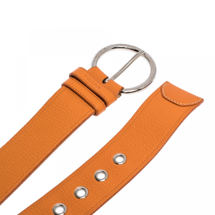 Pre Owned Prada Orange Leather Wide Belt 90CM