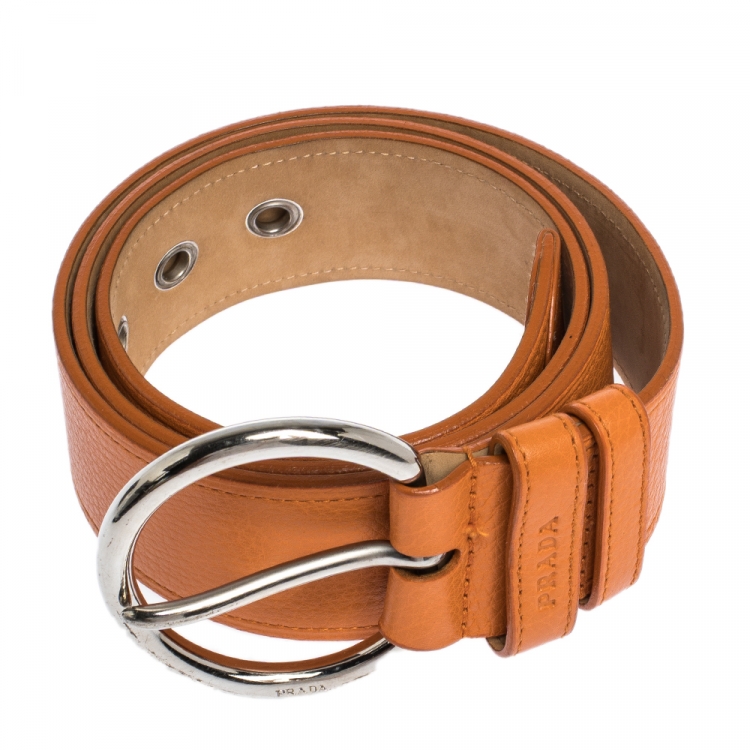 Pre Owned Prada Orange Leather Wide Belt 90CM