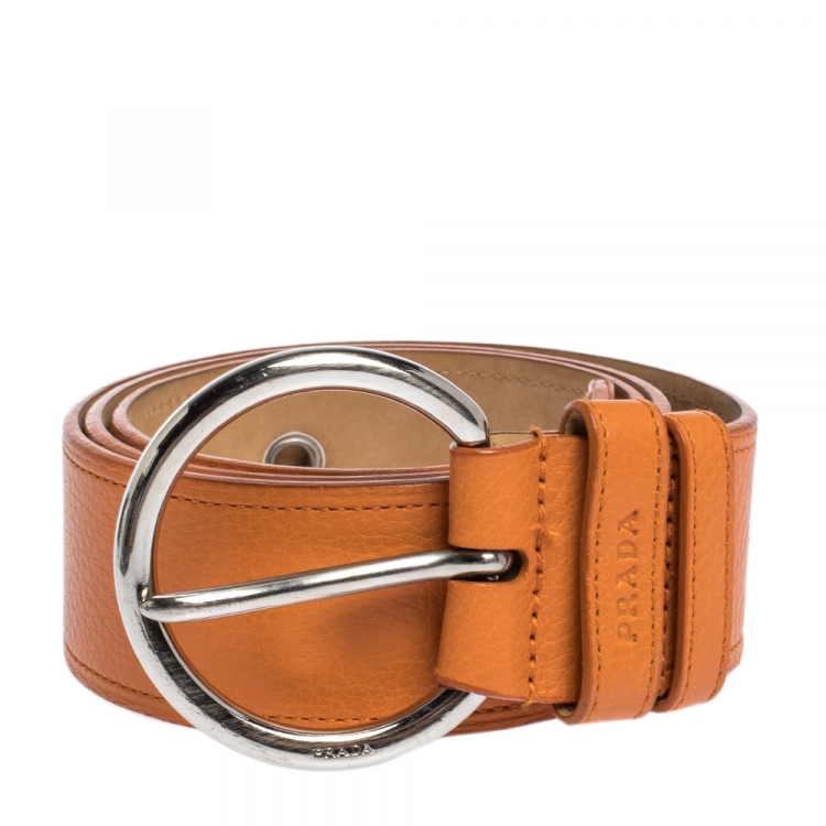 Pre Owned Prada Orange Leather Wide Belt 90CM