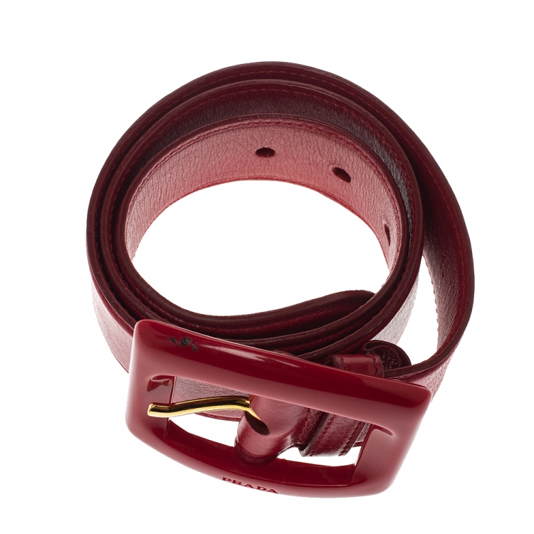 Pre Owned Prada Red Leather Buckle Waist Belt 70CM