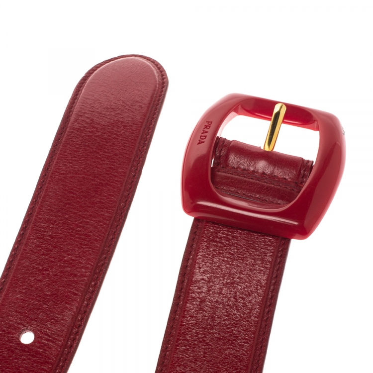 Pre Owned Prada Red Leather Buckle Waist Belt 70CM