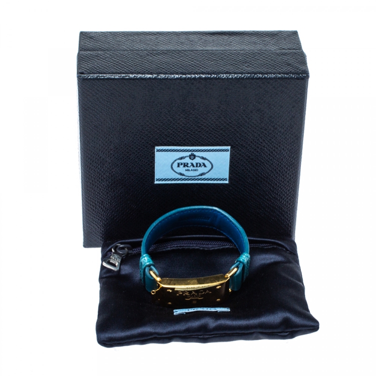 Pre Owned Prada Teal Blue Embossed Leather Bracelet