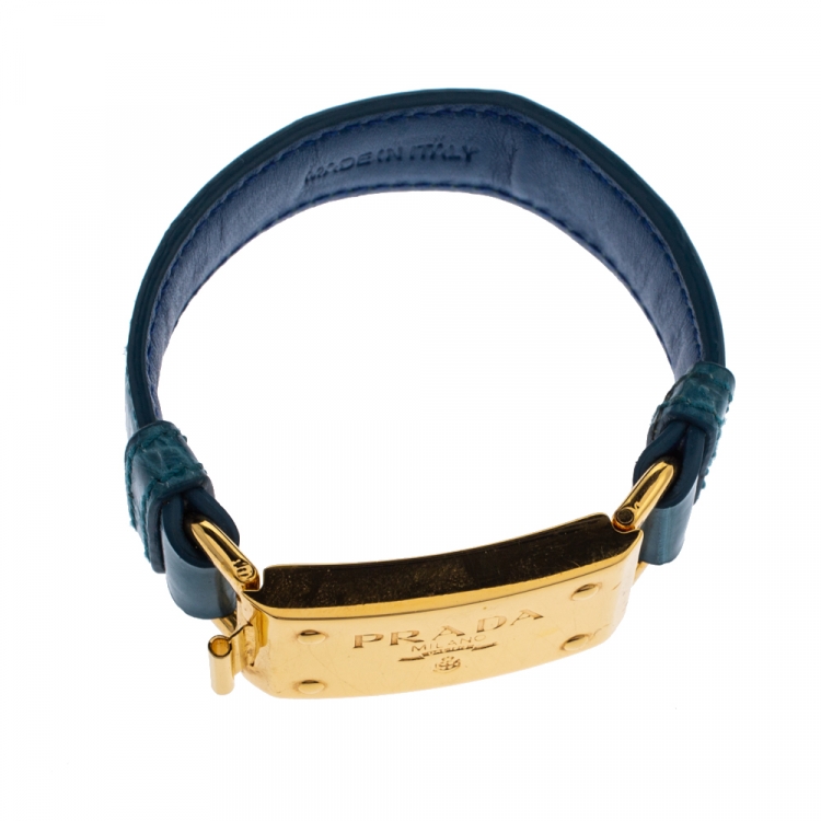Pre Owned Prada Teal Blue Embossed Leather Bracelet