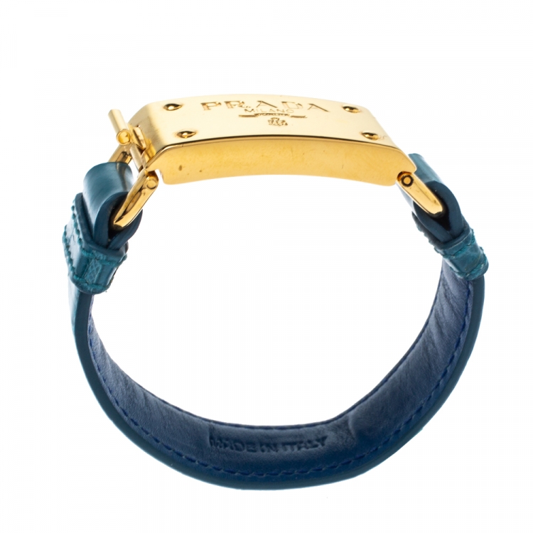 Pre Owned Prada Teal Blue Embossed Leather Bracelet
