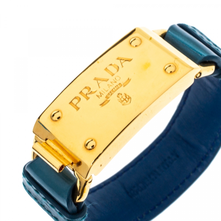 Pre Owned Prada Teal Blue Embossed Leather Bracelet