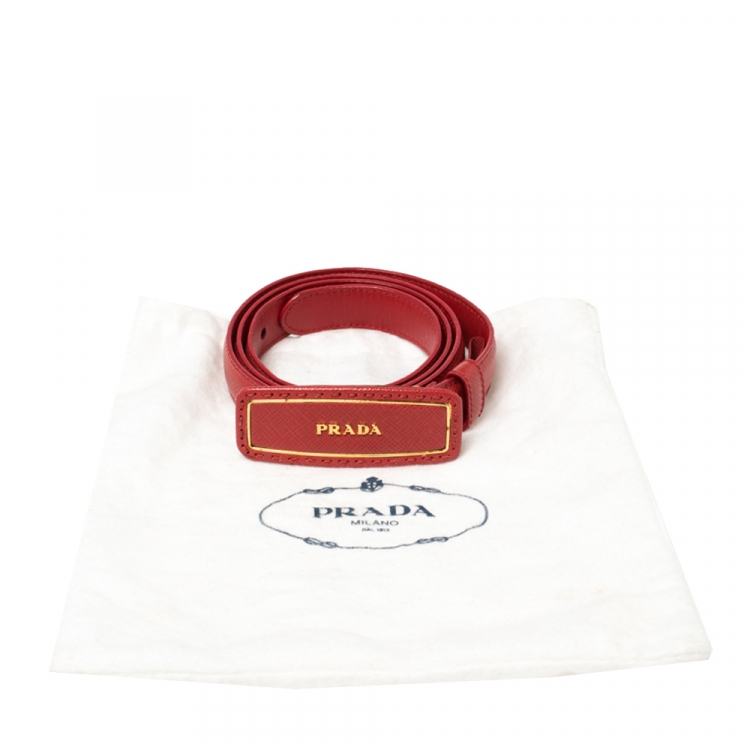 مملوكة مسبقًا Prada Red Saffiano Leather Logo Plaque Slim Belt 80CM