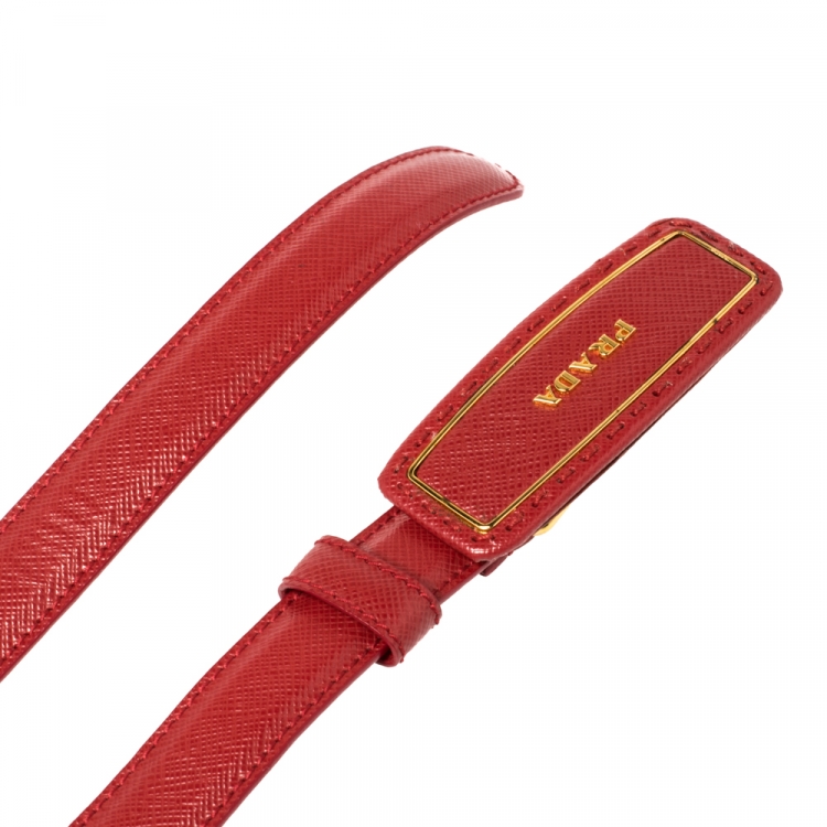 مملوكة مسبقًا Prada Red Saffiano Leather Logo Plaque Slim Belt 80CM