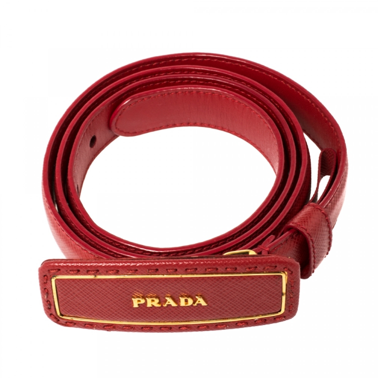مملوكة مسبقًا Prada Red Saffiano Leather Logo Plaque Slim Belt 80CM