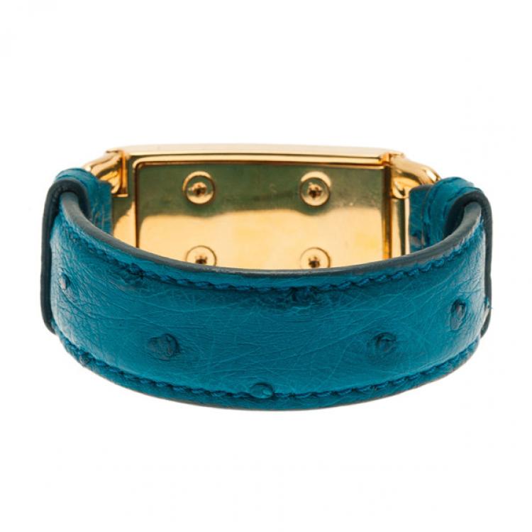 Pre Owned Prada Ostrich Gold-Plated Blue Leather Bracelet 17CM