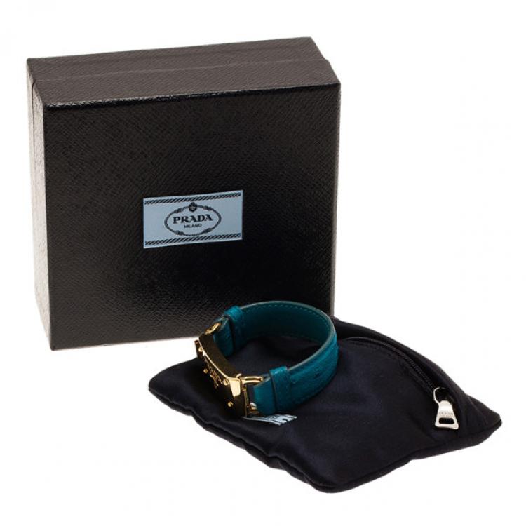 Pre Owned Prada Ostrich Gold-Plated Blue Leather Bracelet 17CM