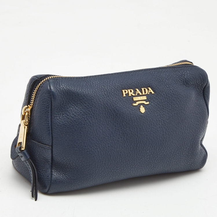 Pre Owned Prada Navy Blue Leather Cosmetic Pouch