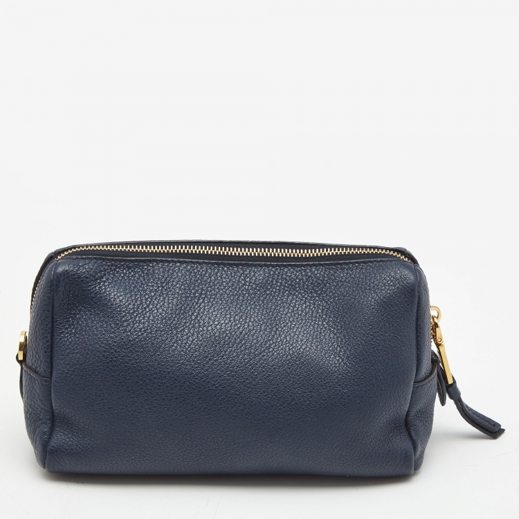Pre Owned Prada Navy Blue Leather Cosmetic Pouch