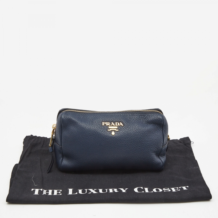 Pre Owned Prada Navy Blue Leather Cosmetic Pouch