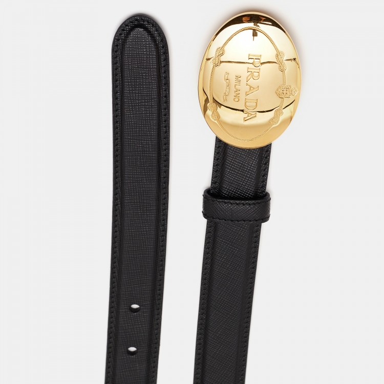 Pre Owned Prada Black Leather Engraved Oval Plaque Buckle Belt 80CM