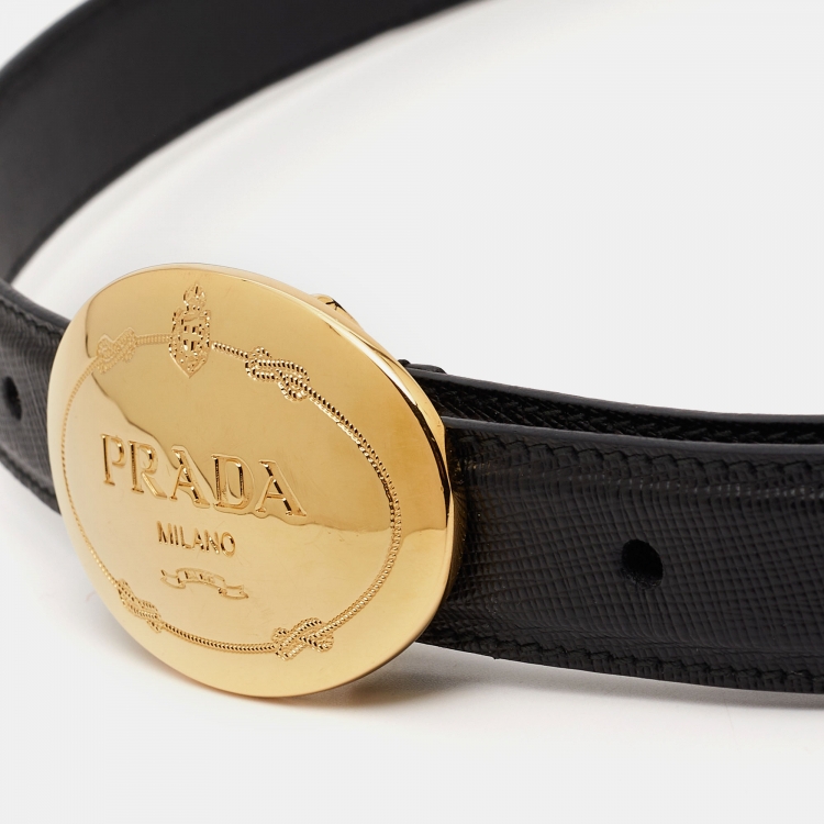 Pre Owned Prada Black Leather Engraved Oval Plaque Buckle Belt 80CM