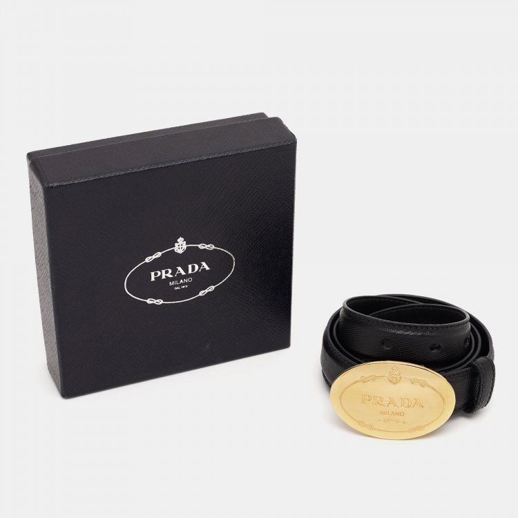 Pre Owned Prada Black Leather Engraved Oval Plaque Buckle Belt 80CM
